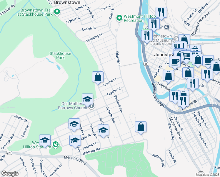 map of restaurants, bars, coffee shops, grocery stores, and more near 520 Bucknell Avenue in Johnstown