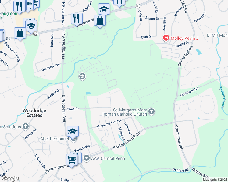 map of restaurants, bars, coffee shops, grocery stores, and more near 2510 Oakwood Lane in Harrisburg