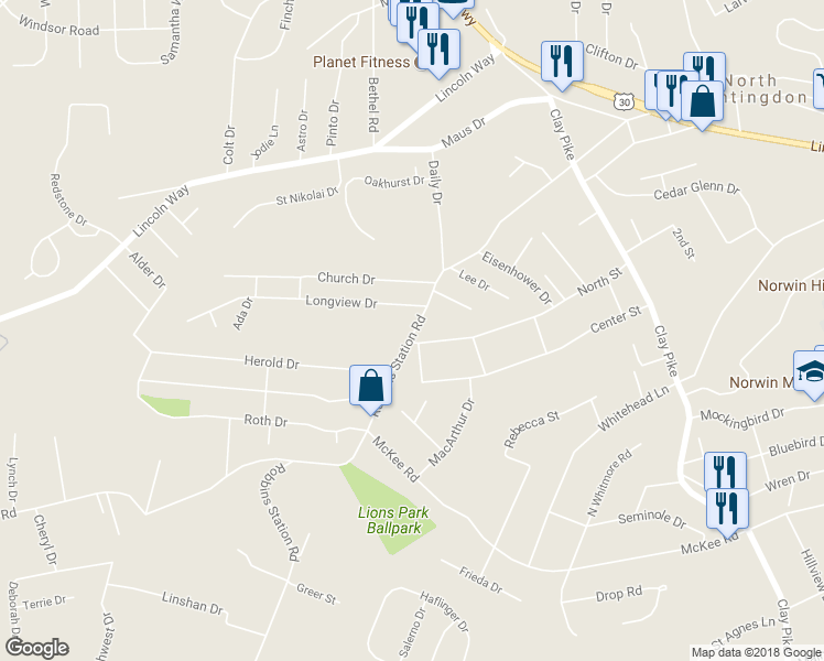 map of restaurants, bars, coffee shops, grocery stores, and more near 710 Robbins Station Road in Irwin