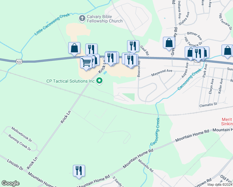 map of restaurants, bars, coffee shops, grocery stores, and more near 802 Caramist Circle in Sinking Spring