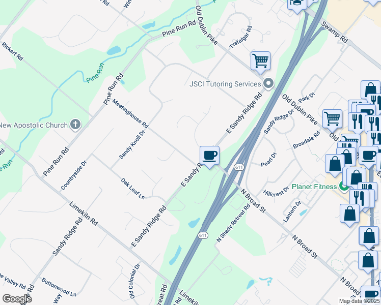 map of restaurants, bars, coffee shops, grocery stores, and more near 61 Meetinghouse Road in Doylestown
