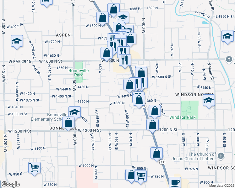 map of restaurants, bars, coffee shops, grocery stores, and more near 1415 North 580 West in Orem