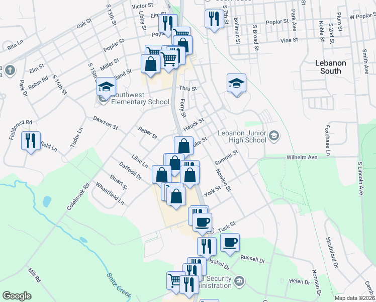 map of restaurants, bars, coffee shops, grocery stores, and more near 1102 Quentin Road in Lebanon