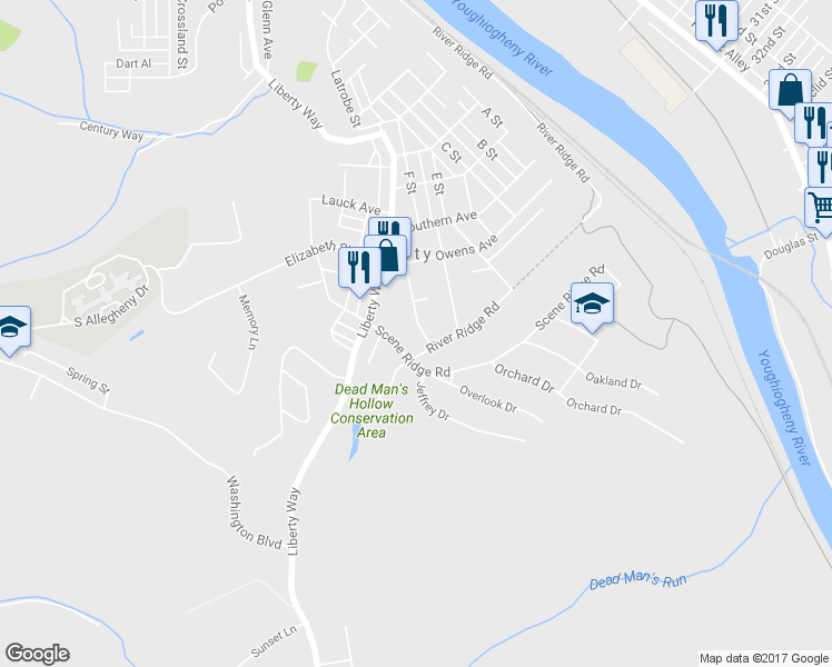 map of restaurants, bars, coffee shops, grocery stores, and more near 3110 Valley Ridge Road in McKeesport