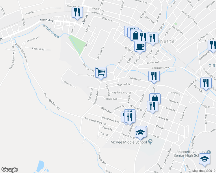 map of restaurants, bars, coffee shops, grocery stores, and more near 623 Charles Street in Jeannette