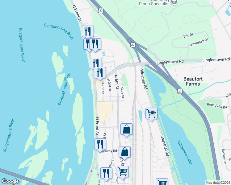 map of restaurants, bars, coffee shops, grocery stores, and more near 4318 North 6th Street in Harrisburg