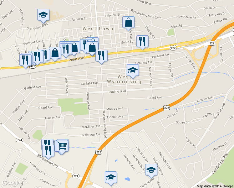 map of restaurants, bars, coffee shops, grocery stores, and more near 2214 Reading Boulevard in Reading