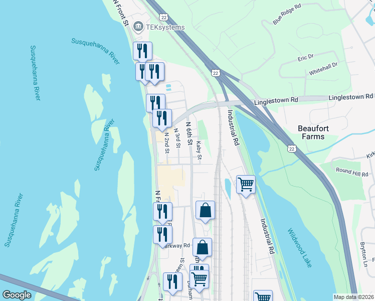 map of restaurants, bars, coffee shops, grocery stores, and more near 4318 N 6th St in Harrisburg