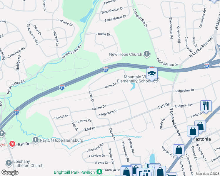 map of restaurants, bars, coffee shops, grocery stores, and more near 5131 Irene Drive in Harrisburg