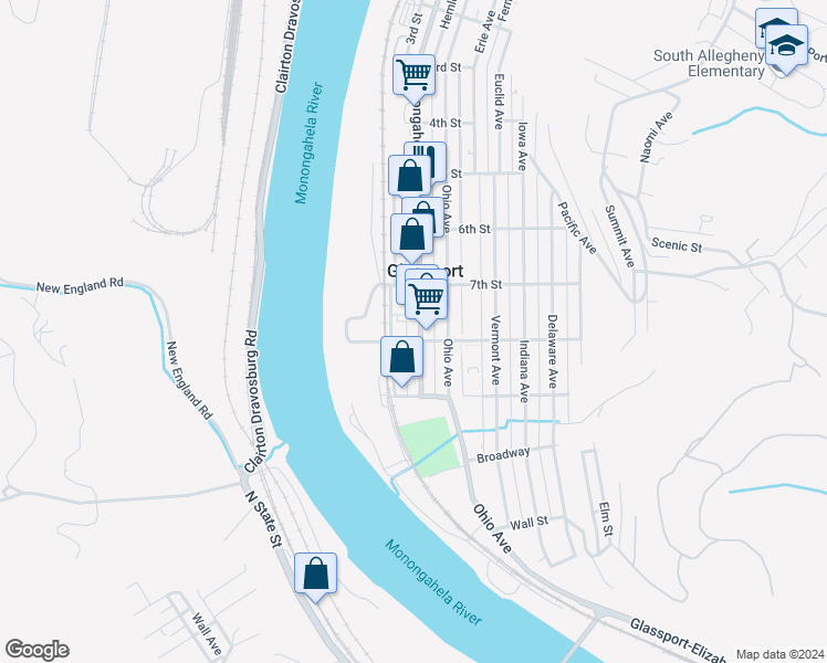 map of restaurants, bars, coffee shops, grocery stores, and more near 735 Allegheny Avenue in Glassport