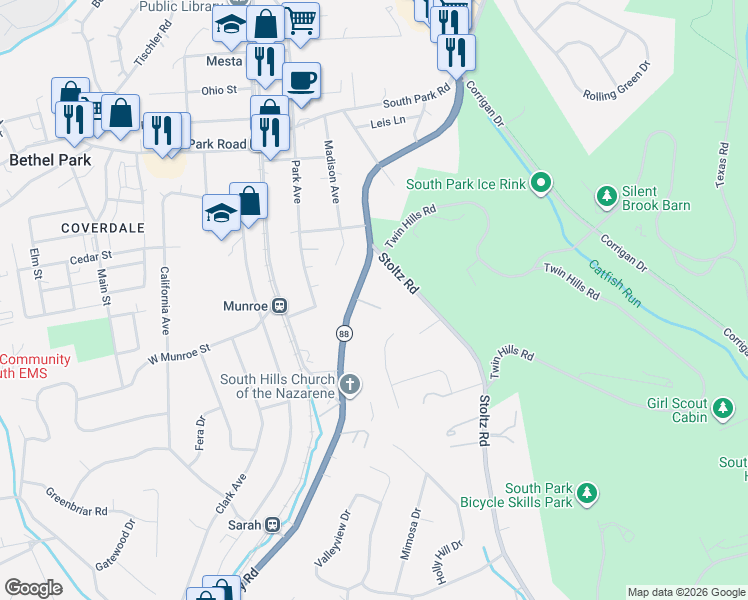 map of restaurants, bars, coffee shops, grocery stores, and more near 5486 Beverly Court in Bethel Park