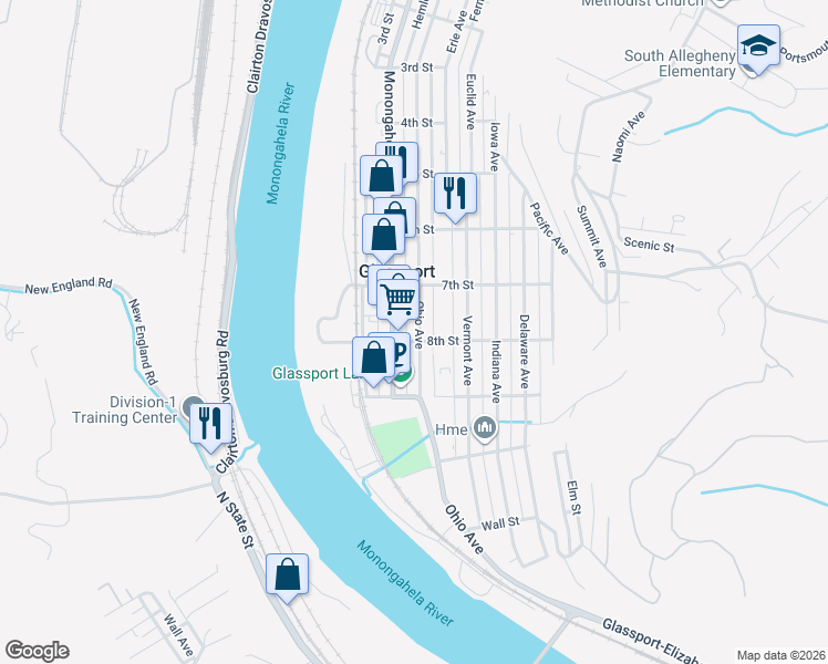 map of restaurants, bars, coffee shops, grocery stores, and more near 736 Ohio Avenue in Glassport