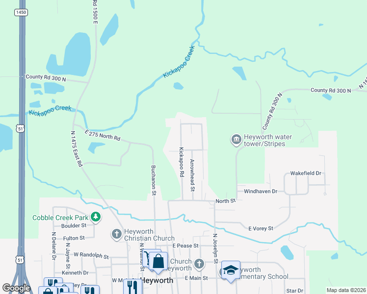 map of restaurants, bars, coffee shops, grocery stores, and more near 1 Wigwam Street in Heyworth