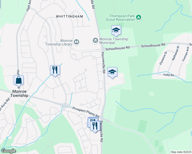 map of restaurants, bars, coffee shops, grocery stores, and more near 50 Winthrop Road in Monroe Township