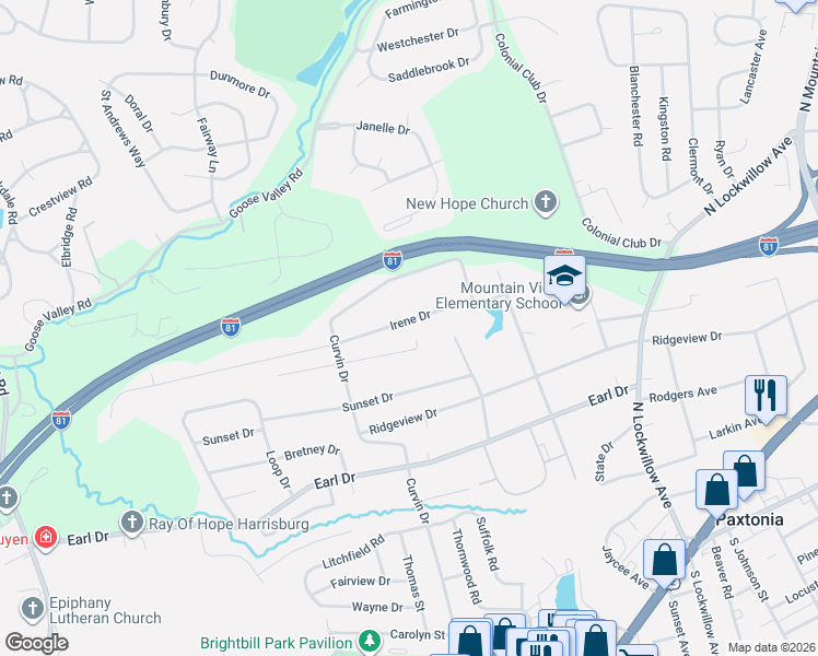 map of restaurants, bars, coffee shops, grocery stores, and more near 5131 Irene Drive in Harrisburg