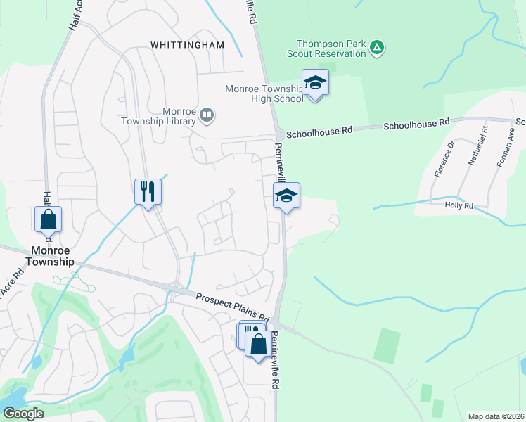 map of restaurants, bars, coffee shops, grocery stores, and more near 50C Winthrop Road in Monroe Township