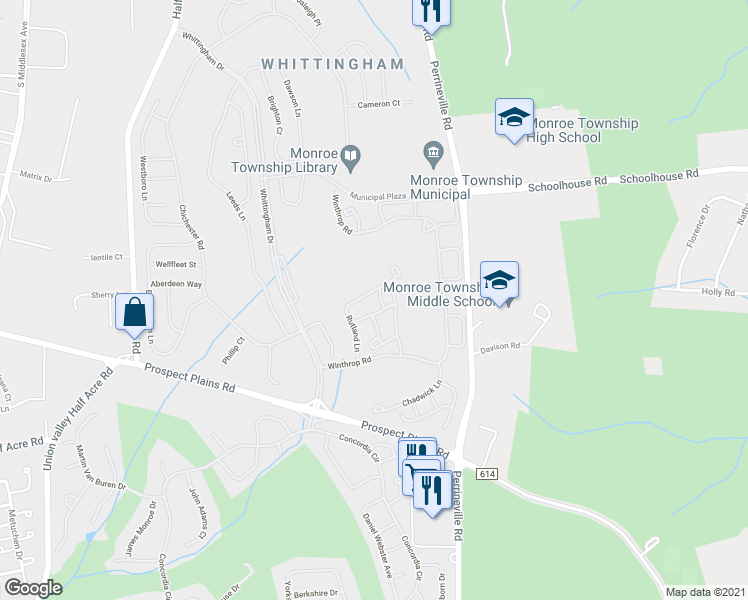 map of restaurants, bars, coffee shops, grocery stores, and more near 19C Rutland Lane in Monroe Township