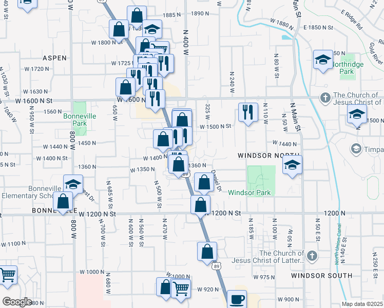 map of restaurants, bars, coffee shops, grocery stores, and more near 1409 North Amiron Way in Orem