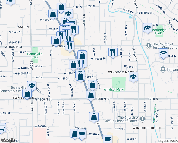 map of restaurants, bars, coffee shops, grocery stores, and more near 1409b North Amiron Way in Orem
