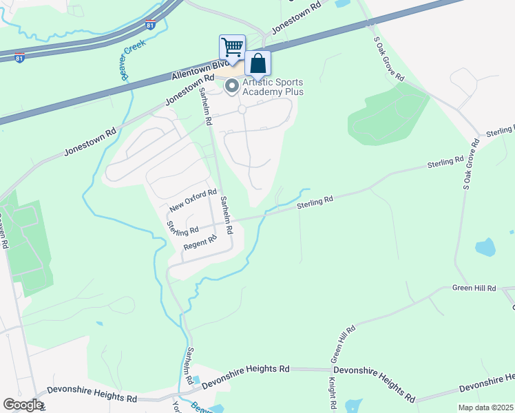 map of restaurants, bars, coffee shops, grocery stores, and more near 7220 Sterling Rd in Harrisburg