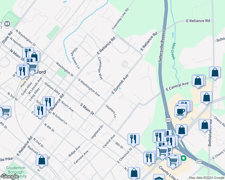 map of restaurants, bars, coffee shops, grocery stores, and more near 430 Edgewood Drive in Telford