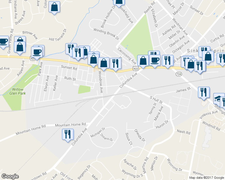 map of restaurants, bars, coffee shops, grocery stores, and more near 642 Vester Pl in Sinking Spring
