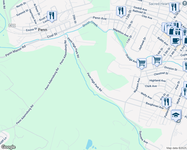 map of restaurants, bars, coffee shops, grocery stores, and more near 650 Penn High Park Road in Jeannette