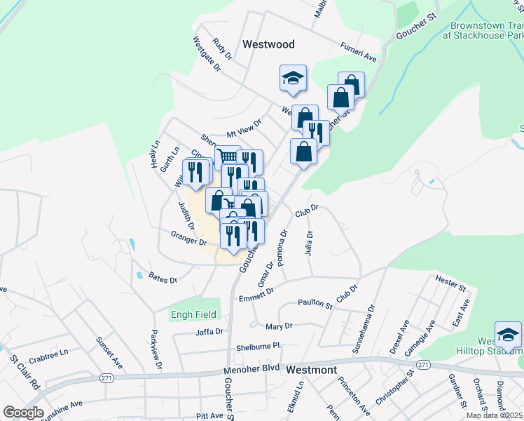 map of restaurants, bars, coffee shops, grocery stores, and more near 1759 Goucher Street in Johnstown