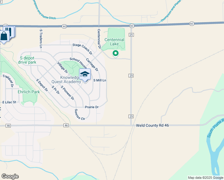 map of restaurants, bars, coffee shops, grocery stores, and more near 781 Stage Coach Drive in Milliken