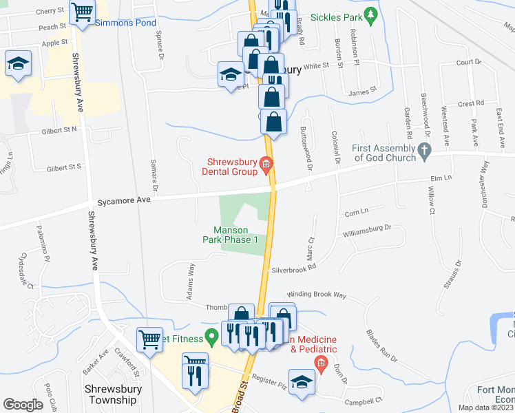 map of restaurants, bars, coffee shops, grocery stores, and more near 419 Sycamore Ave in Shrewsbury Township