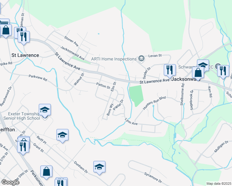 map of restaurants, bars, coffee shops, grocery stores, and more near 3802 Patton Street in Reading