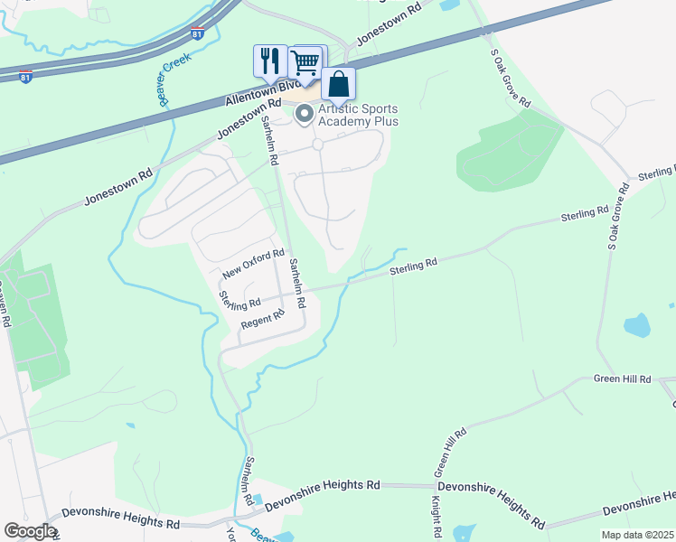 map of restaurants, bars, coffee shops, grocery stores, and more near 7220 Sterling Road in Harrisburg
