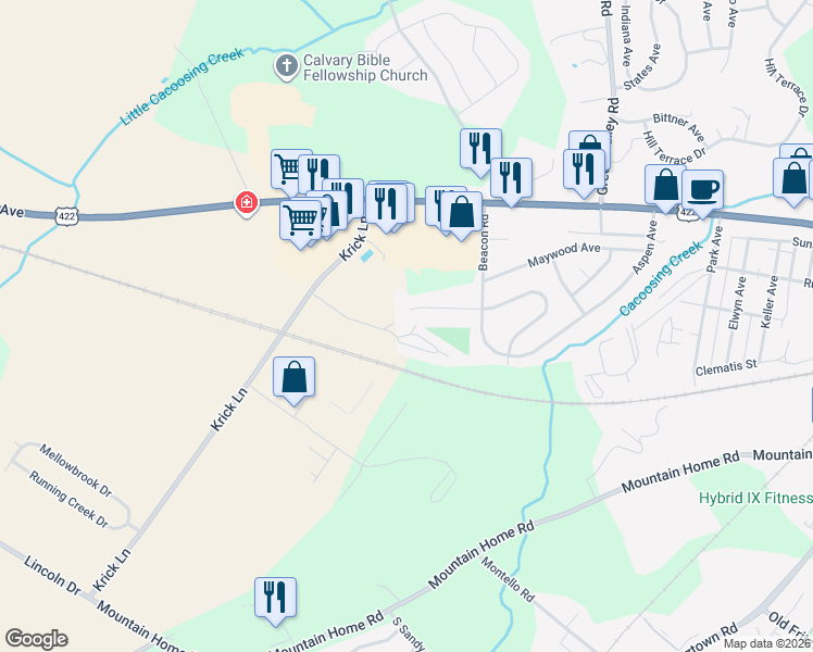 map of restaurants, bars, coffee shops, grocery stores, and more near 804 Caramist Circle in Sinking Spring