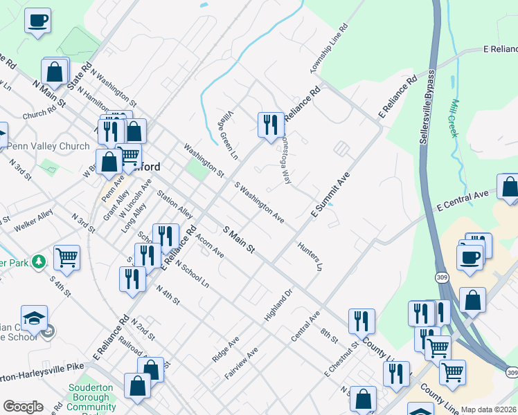map of restaurants, bars, coffee shops, grocery stores, and more near 370 South Washington Street in Telford