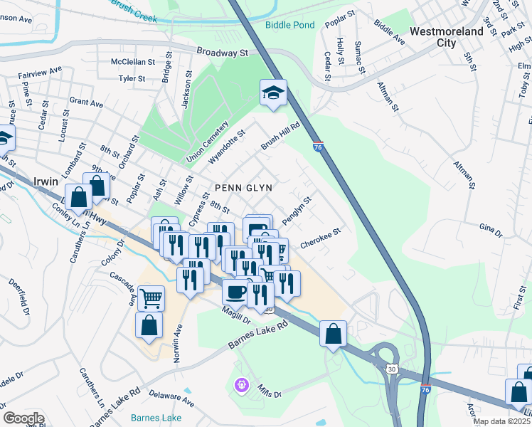 map of restaurants, bars, coffee shops, grocery stores, and more near 1825 Pennsylvania Avenue in Irwin