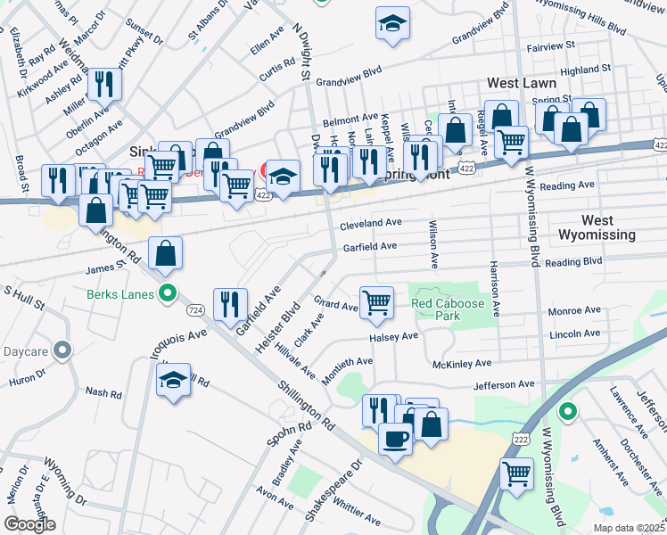 map of restaurants, bars, coffee shops, grocery stores, and more near 2714 Heister Boulevard in West Lawn