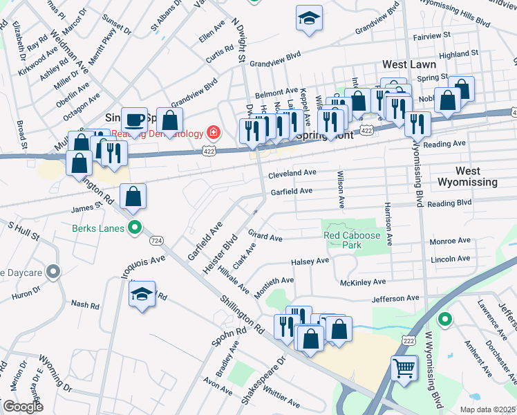 map of restaurants, bars, coffee shops, grocery stores, and more near 2714 Heister Boulevard in West Lawn