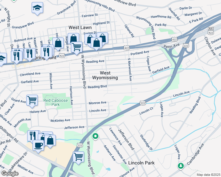 map of restaurants, bars, coffee shops, grocery stores, and more near 2176 Reading Boulevard in West Lawn