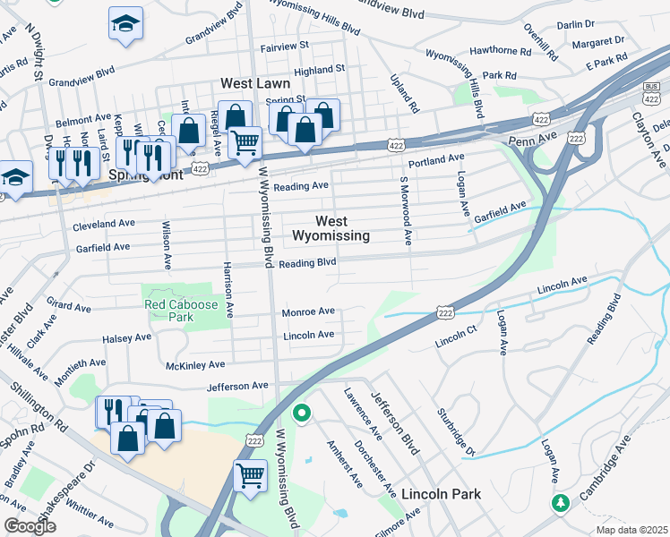 map of restaurants, bars, coffee shops, grocery stores, and more near 2176 Reading Boulevard in West Lawn
