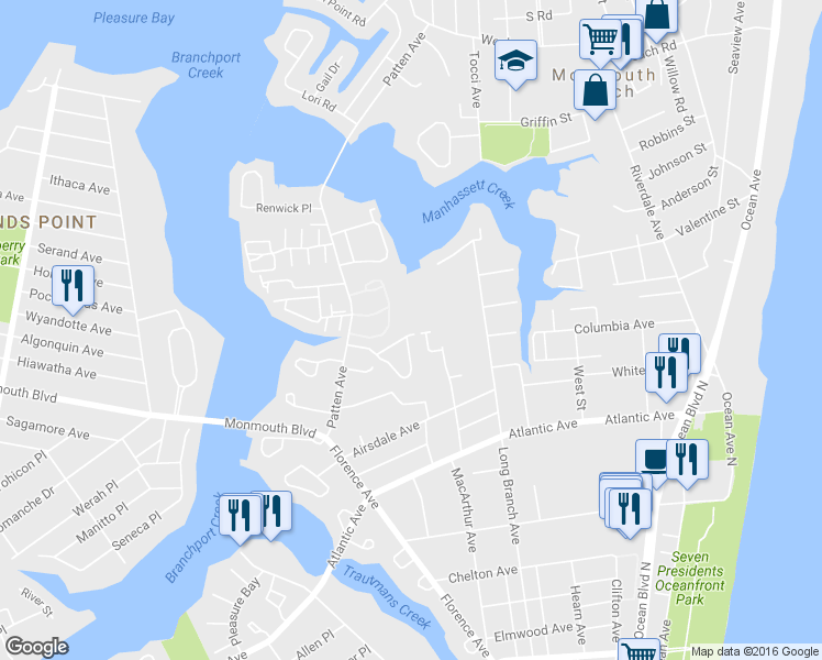 map of restaurants, bars, coffee shops, grocery stores, and more near 59 Shore Drive in Long Branch