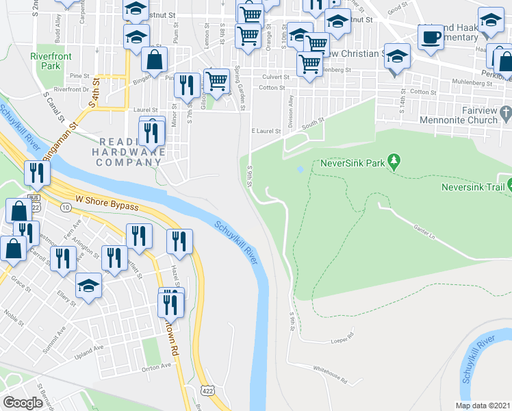 map of restaurants, bars, coffee shops, grocery stores, and more near 868 South 9th Street in Reading