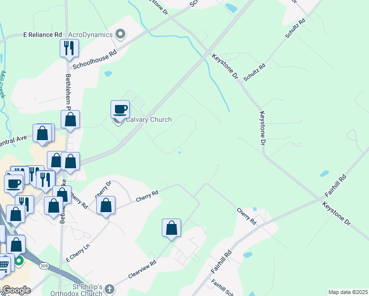 map of restaurants, bars, coffee shops, grocery stores, and more near 835 Wynnefield Drive in Souderton