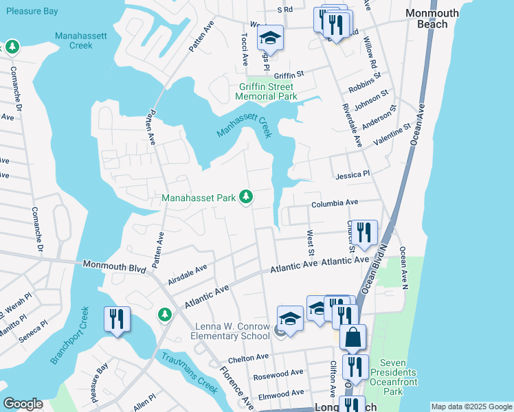 map of restaurants, bars, coffee shops, grocery stores, and more near 1 Manahassett Park Drive in Long Branch