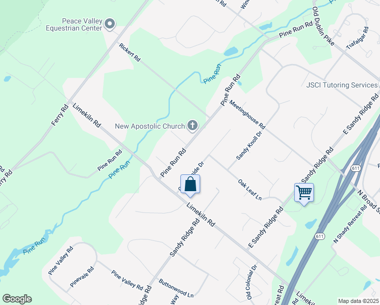 map of restaurants, bars, coffee shops, grocery stores, and more near 355 Pine Run Road in Doylestown