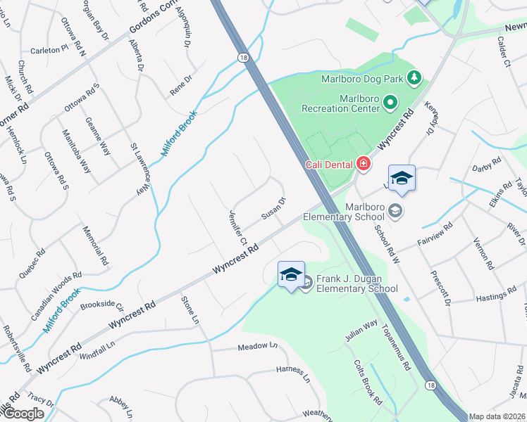 map of restaurants, bars, coffee shops, grocery stores, and more near 11 Susan Drive in Marlboro