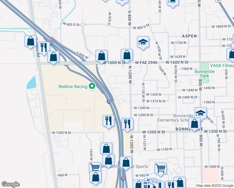 map of restaurants, bars, coffee shops, grocery stores, and more near 1426 North 1300 West in Orem