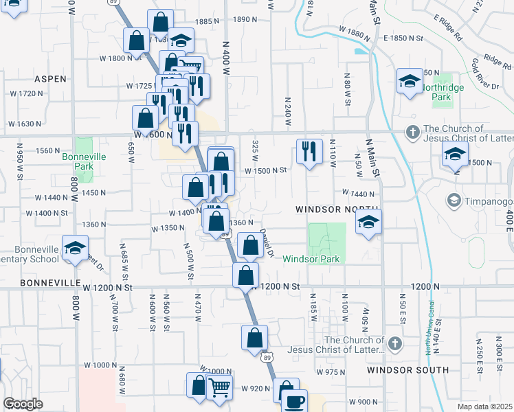 map of restaurants, bars, coffee shops, grocery stores, and more near 328 West Amiron Way in Orem