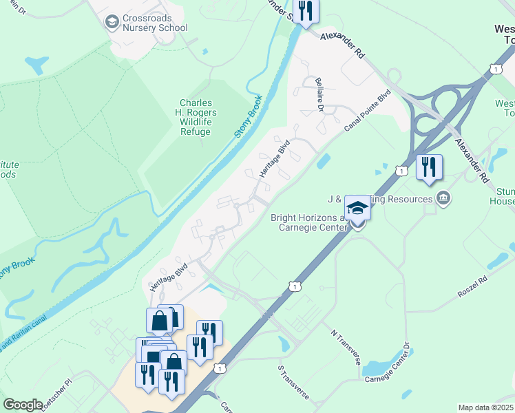 map of restaurants, bars, coffee shops, grocery stores, and more near 101 Claridge Court in Princeton