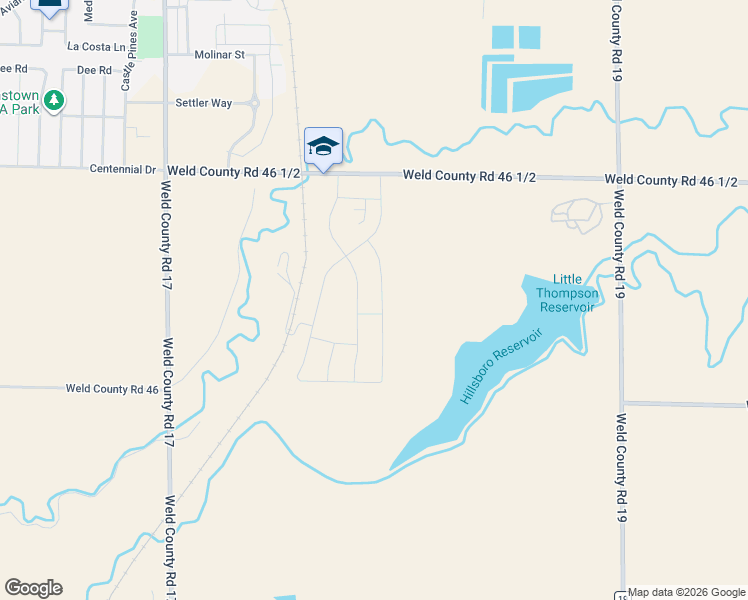 map of restaurants, bars, coffee shops, grocery stores, and more near 8491 County Road 46 1/2 in Milliken
