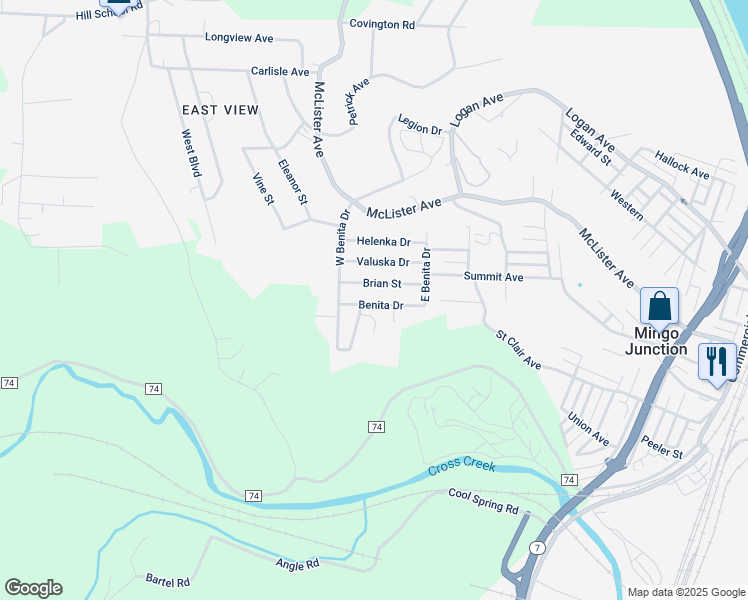 map of restaurants, bars, coffee shops, grocery stores, and more near 207 West Benita Drive in Mingo Junction